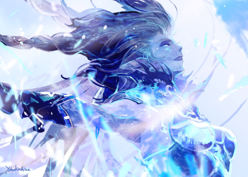 1girl, artist_name, blue_bodysuit, blue_eyes, blue_hair, blue_lips, blue_skin, blue_theme