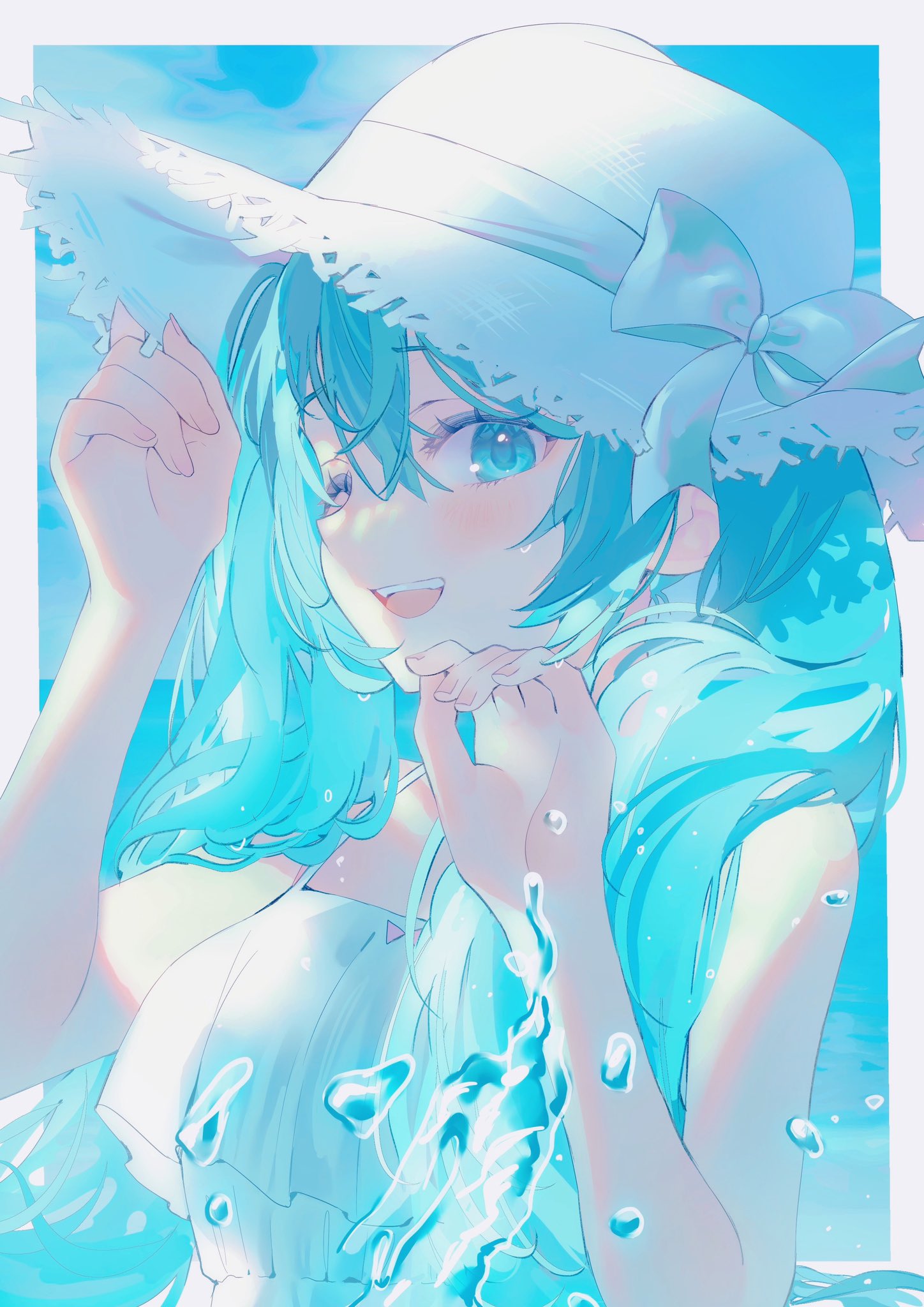 1girl, aqua_eyes, aqua_hair, bare_arms, border, bow, day, dress