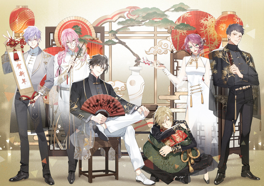 1girl, 5boys, ai_jia, arm_cuffs, black_cape, black_footwear, black_hair, black_jacket