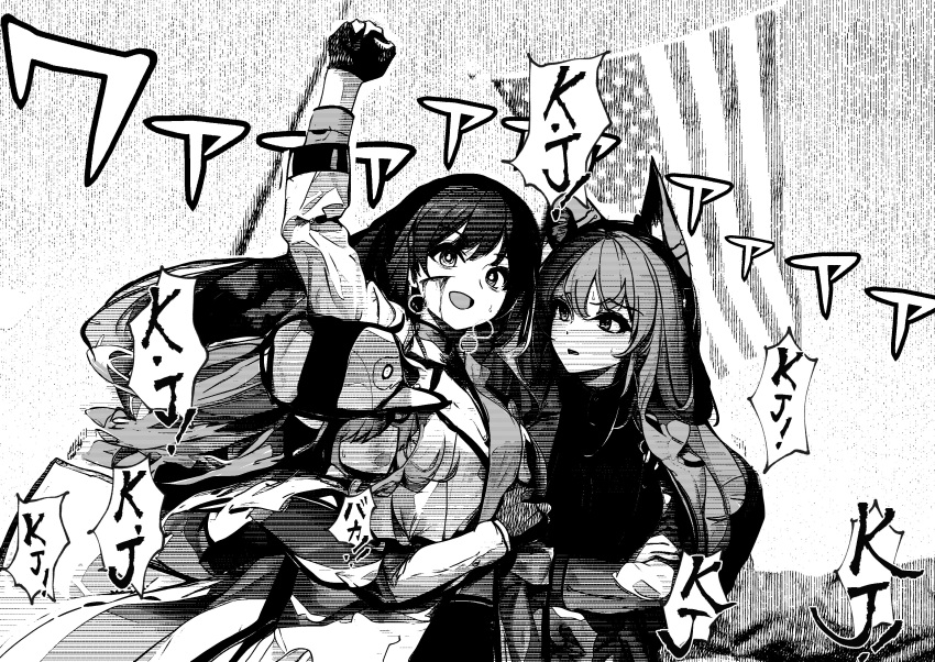 2024_assassination_attempt_of_donald_trump, 3girls, absurdres, american_flag, animal_ears, antonina_(neural_cloud), arm_up, baseball_cap