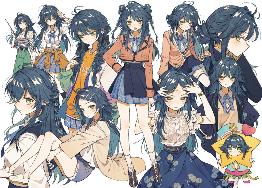 1girl, :o, ;o, alternate_costume, alternate_hairstyle, antenna_hair, aqua_skirt, arimura_mao, arimura_mao_(cosplay), averting_eyes, bare_legs, blazer, blue_overskirt, blue_ribbon, blue_skirt, blush, braid, brown_cardigan, brown_jacket, cardigan, cardigan_around_waist, chain, chain_bracelet, chibi, clothes_around_waist, collage, cosplay, denim, denim_shorts, double_bun, floral_print, fujita_kotone, fujita_kotone_(cosplay), gakuen_idolmaster, green_hair, gyaru, hair_bun, hair_flaps, half_up_braid, hanami_saki, hanami_saki_(cosplay), hanami_ume, hanami_ume_(cosplay), hatsuboshi_gakuen_school_uniform, highres, himesaki_rinami, himesaki_rinami_(cosplay), holding, holding_pointer, idolmaster, jacket, jitome, katsuragi_lilja, katsuragi_lilja_(cosplay), knees_up, kogal, kuramoto_china, kuramoto_china_(cosplay), kurodeko, long_hair, looking_at_viewer, multicolored_clothes, multicolored_jacket, multiple_views, neck_ribbon, neo_asari, neo_asari_(cosplay), o3o, one_eye_closed, pleated_skirt, pointer, profile, ribbon, salute, school_uniform, shinosawa_hiro, shinosawa_hiro_(cosplay), shirt, shiun_sumika, shiun_sumika_(cosplay), shorts, sideways_glance, simple_background, single_hair_bun, skirt, smile, socks, straight_hair, striped_clothes, striped_shirt, sweatdrop, swept_bangs, thigh-highs, tsukimura_temari, twin_braids, two_side_up, very_long_hair, watch, watch, white_background, white_shirt, white_socks, white_thighhighs
