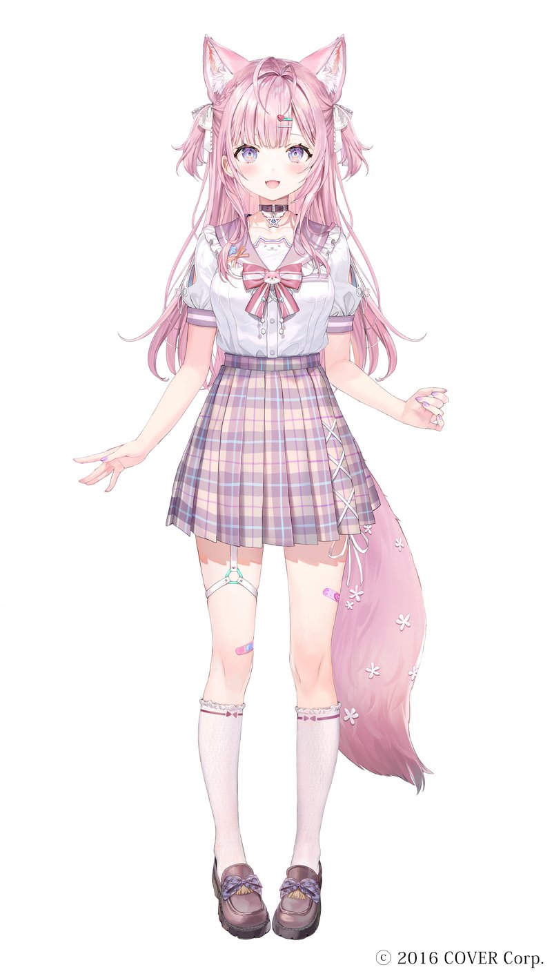 1girl, animal_ears, antenna_hair, bandaid, bandaid_on_leg, bandaid_on_thigh, belt, bow, brown_footwear, collarbone, fingernails, footwear_bow, frilled_sailor_collar, frills, full_body, hair_ornament, hair_ribbon, hairclip, hakui_koyori, hakui_koyori_(4th_costume), heart, heart_hair_ornament, high-waist_skirt, highres, hololive, jewelry, kokoro_(hakui_koyori), loafers, long_hair, looking_at_viewer, momoko_(momopoco), nail_polish, necklace, o-ring, o-ring_belt, official_alternate_costume, official_alternate_hairstyle, open_mouth, pink_bow, pink_hair, pink_nails, pink_sailor_collar, plaid_clothes, plaid_skirt, pleated_skirt, purple_bow, purple_skirt, ribbon, sailor_collar, school_uniform, shirt, shirt_tucked_in, shoes, short_sleeves, simple_background, skirt, smile, socks, solo, star_(symbol), star_necklace, striped_bow, tail, thigh_belt, thigh_strap, two-tone_bow, two_side_up, violet_eyes, virtual_youtuber, white_background, white_belt, white_bow, white_ribbon, white_shirt, white_socks, wolf_ears, wolf_girl, wolf_tail