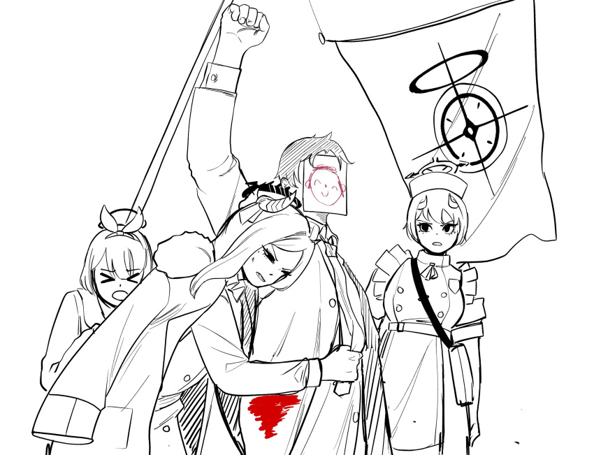>_<, 1boy, 2024_assassination_attempt_of_donald_trump, 3girls, arm_up, armband, arona_(blue_archive), aru_(blue_archive)