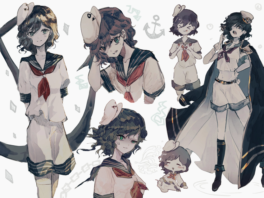 1girl, anchor, anchor_symbol, anger_vein, black_cape, black_hair, cape, chibi