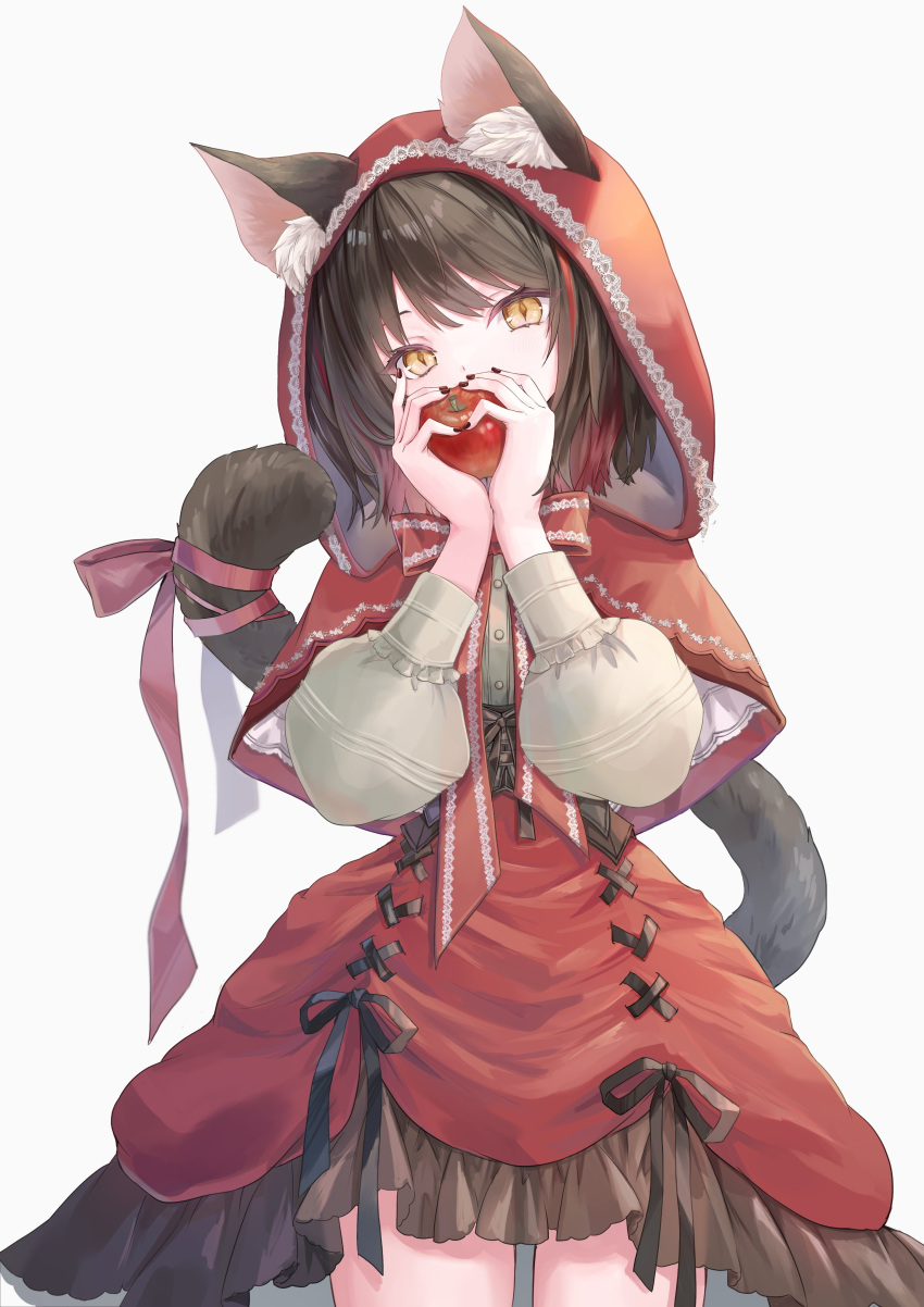 1girl, absurdres, animal_ears, apple, brown_hair, capelet, cat_ears, cat_girl