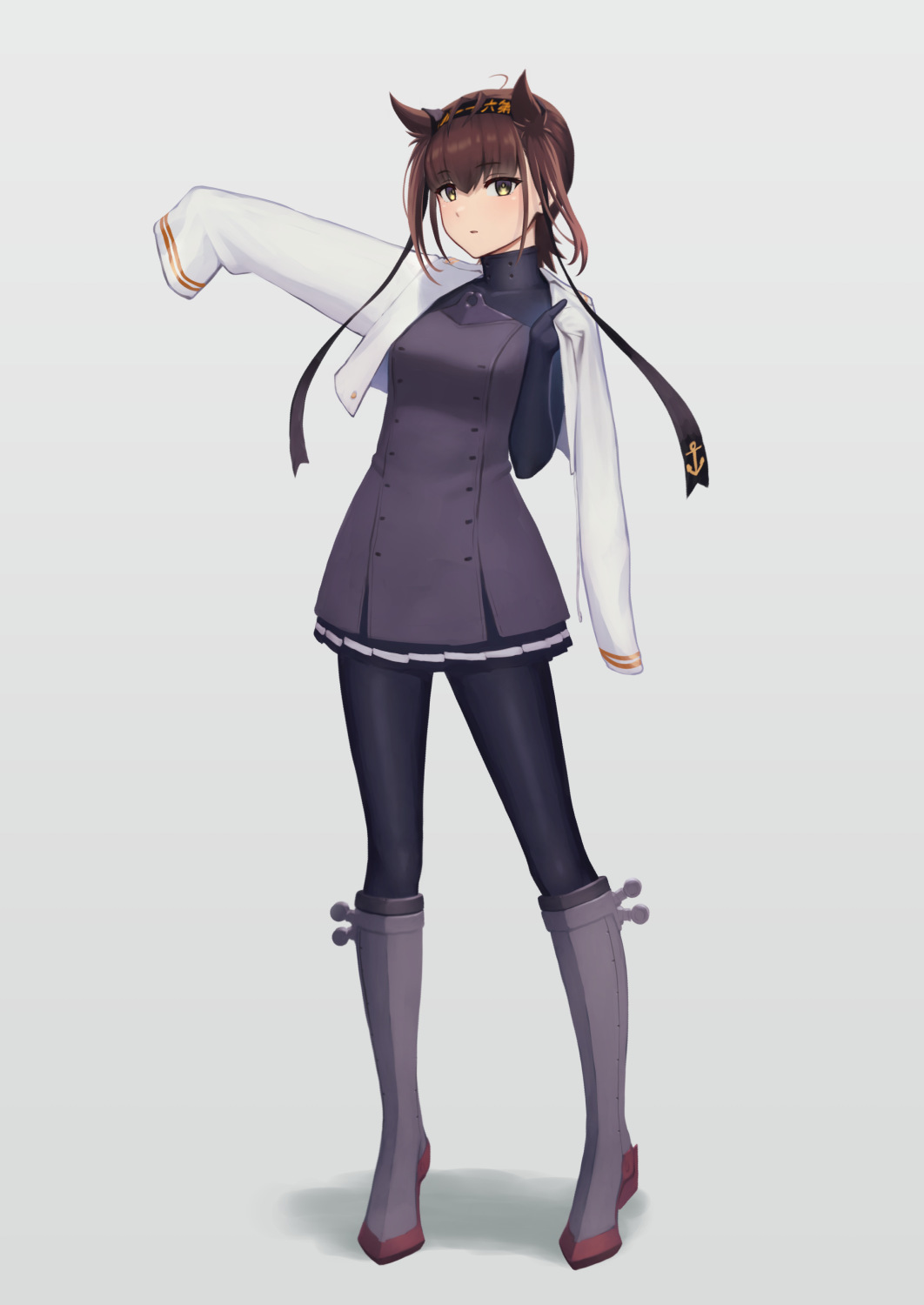 1girl, black_bodysuit, black_headband, bodysuit, brown_eyes, brown_hair, clothes_writing, dress