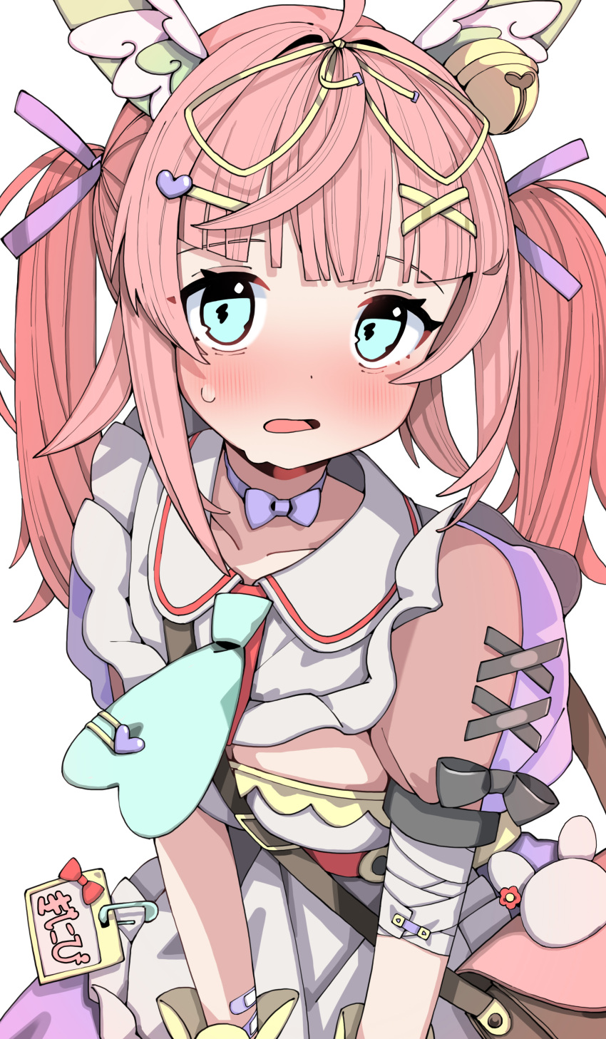 1girl, absurdres, ahoge, animal_ears, apron, bag, bandaged_arm, bandages, bell, black_bow, blue_eyes, blush, bow, dress, hair_ornament, hair_ribbon, hairclip, highres, jingle_bell, looking_at_viewer, morumoru_x, open_mouth, original, pink_hair, puffy_short_sleeves, puffy_sleeves, purple_ribbon, ribbon, safety_pin, short_sleeves, shoulder_bag, simple_background, solo, sweat, twintails, white_apron, white_background, x_hair_ornament, yellow_ribbon