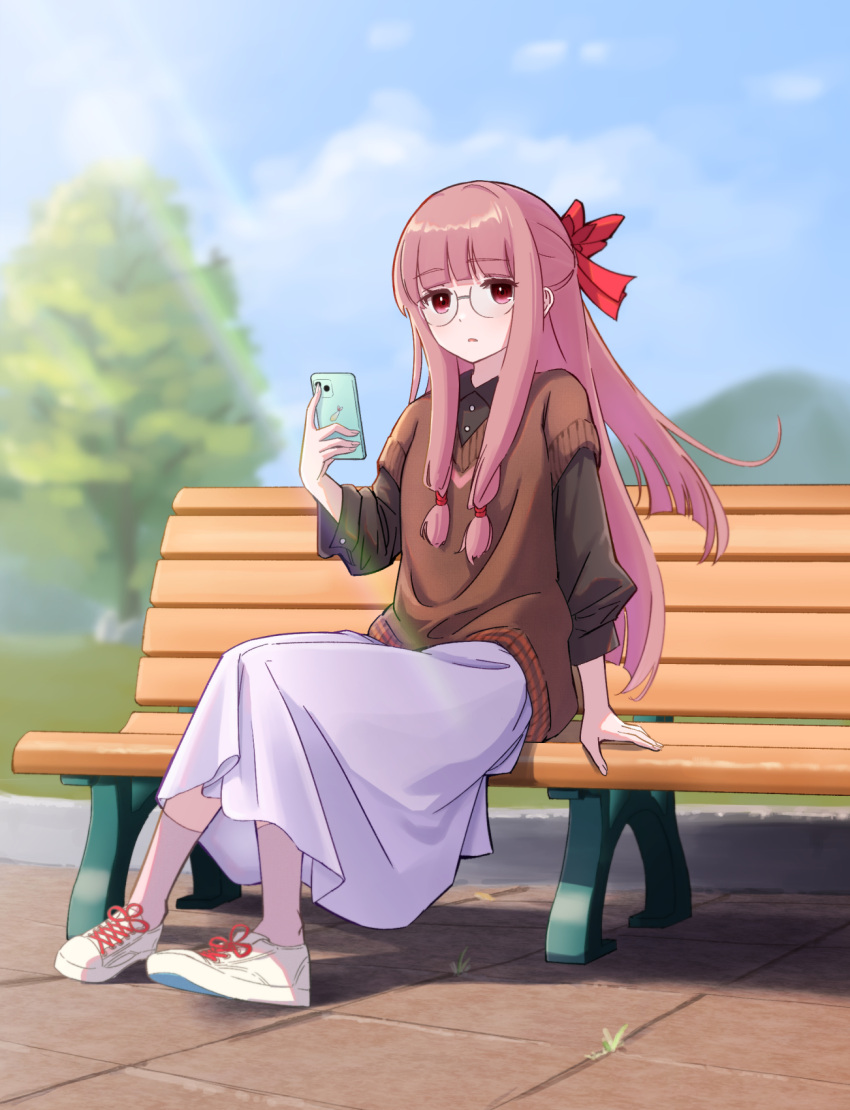 1girl, bench, cardigan, cellphone, day, glasses, hakushi_(empty_blanc), highres