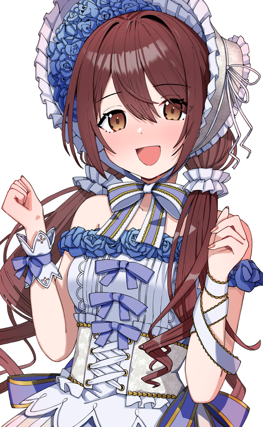 1girl, :d, absurdres, bare_shoulders, blue_flower, blue_rose, blush, bonnet