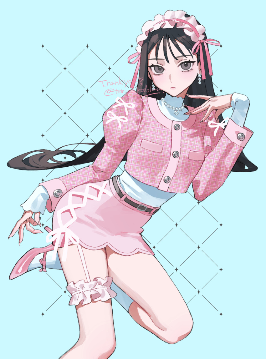 1girl, absurdres, artist_name, black_eyes, black_hair, blue_background, closed_eyes, closed_mouth