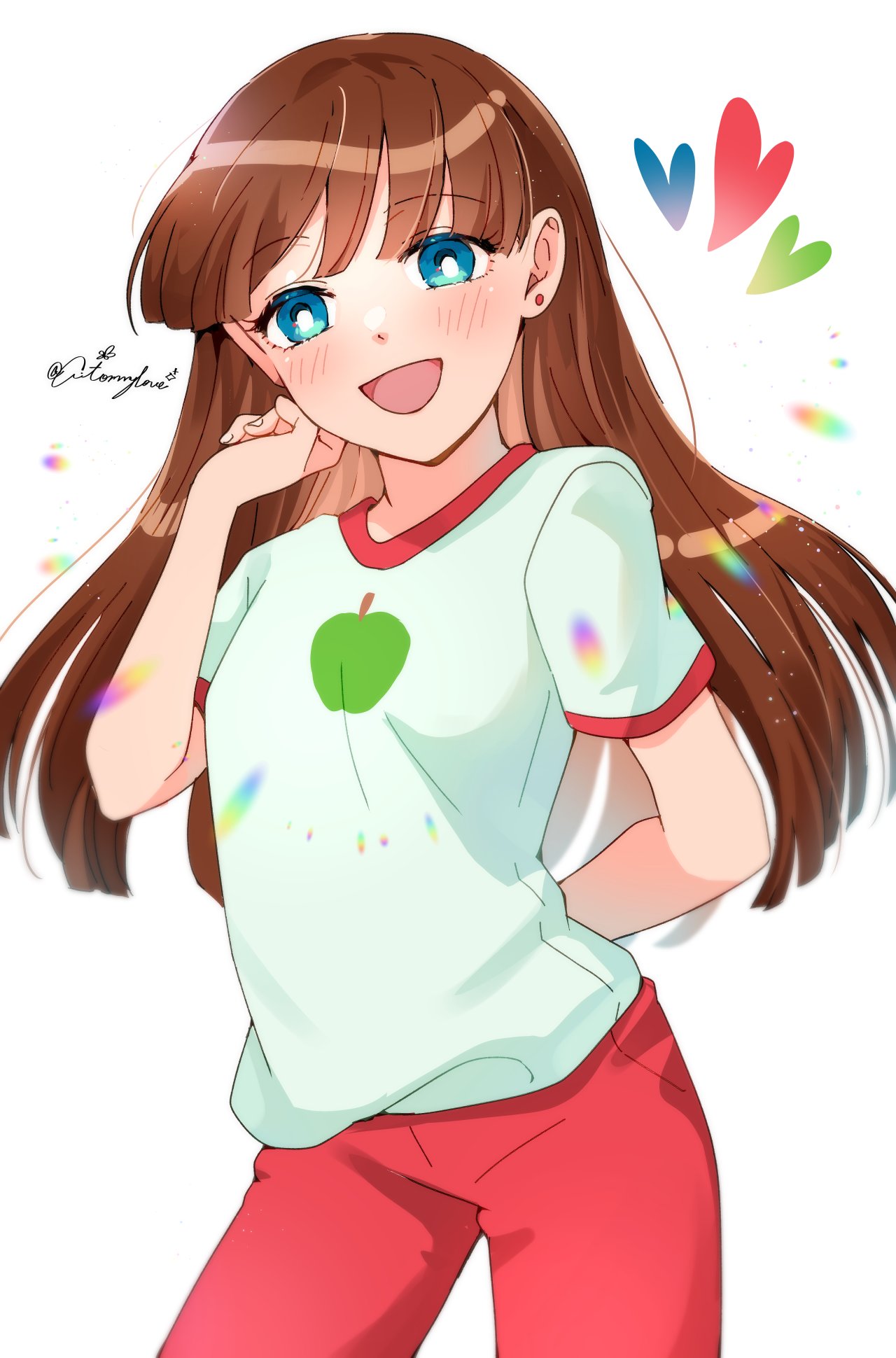 1girl, aged_up, aitommylove, blue_eyes, blush, brown_hair, earrings, hair_between_eyes