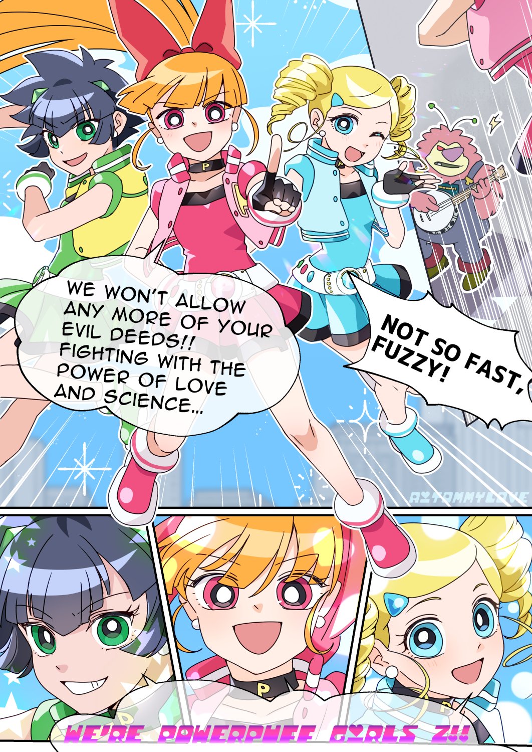 1other, 3girls, aitommylove, akazutsumi_momoko, black_hair, blonde_hair, blue_dress, blue_eyes