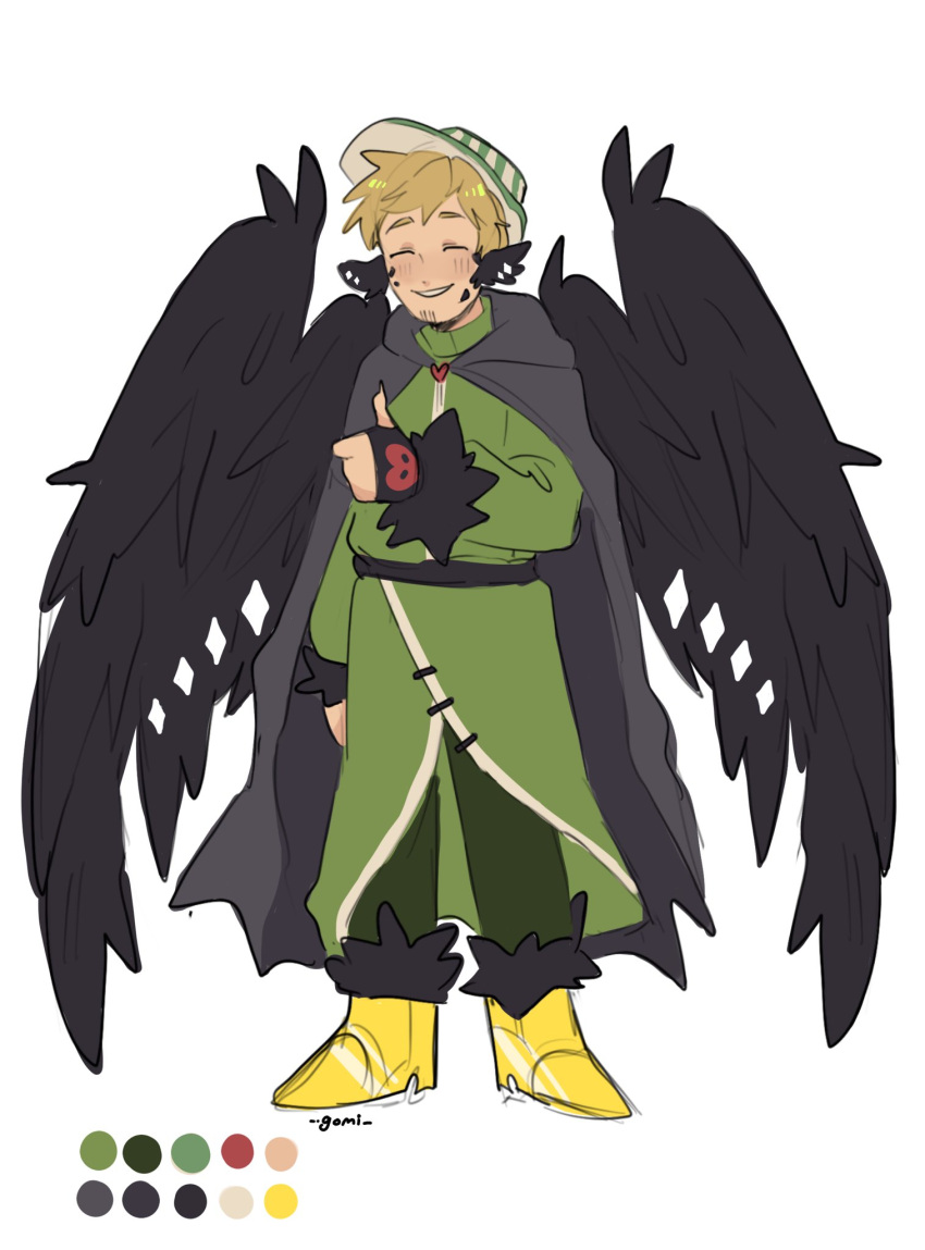 1boy, adapted_costume, animal_ears, beard_stubble, bird_boy, bird_ears, bird_wings, black_cape