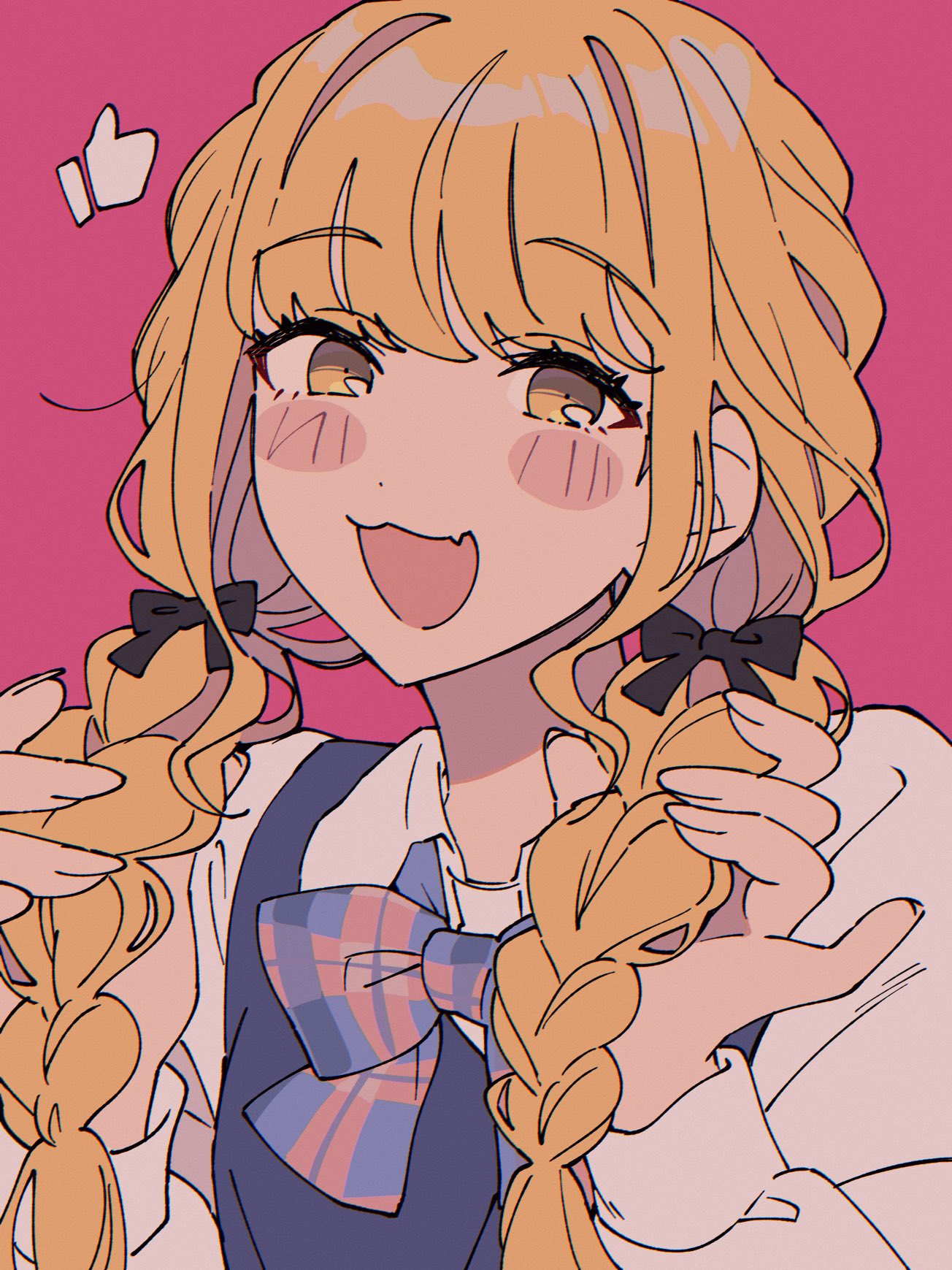 1girl, :3, :d, adjusting_hair, black_bow, blonde_hair, blue_sweater_vest, bow, braid, chromatic_aberration, collared_shirt, dot_nose, fang, film_grain, fingernails, fujita_kotone, gakuen_idolmaster, hair_bow, hair_over_shoulder, half-closed_eyes, hands_up, happy, highres, idolmaster, long_fingernails, long_hair, long_sleeves, niyororinpayamaru, pink_background, pinky_out, portrait, raised_eyebrows, shirt, simple_background, skin_fang, smile, solo, sweater_vest, twin_braids, twintails, white_shirt, wing_collar