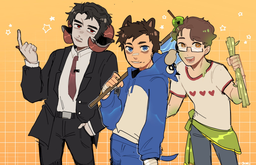 3boys, animal_ears, axe, bamboo, bandage_on_face, bandaged_hand, bandages, beard_stubble, belt, black_hair, black_jacket, black_pants, blue_eyes, brown_hair, collared_shirt, colored_skin, connoreatspants, cosplay, denim, dream_smp, dripping, facial_hair, glasses, glatt, gomi_(gomiidd), green_sash, grey_skin, grid, hand_in_pocket, heart, hedgehog_boy, hedgehog_ears, hedgehog_tail, highres, holding, holding_axe, hood, hood_down, horns, jacket, jeans, jschlatt, kigurumi, long_sleeves, male_focus, minecraft, minecraft_axe, minecraft_youtube, monster_boy, multiple_boys, mustache, mustache_stubble, necktie, open_clothes, open_jacket, open_mouth, pants, pointing, red_eyes, red_necktie, sash, sheep_boy, sheep_ears, sheep_horns, shirt, short_hair, slime_(substance), slime_boy, slimecicle, smile, sonic_(series), sonic_the_hedgehog, sonic_the_hedgehog_(cosplay), star_(symbol), stubble, suit, waist_sash, white_shirt