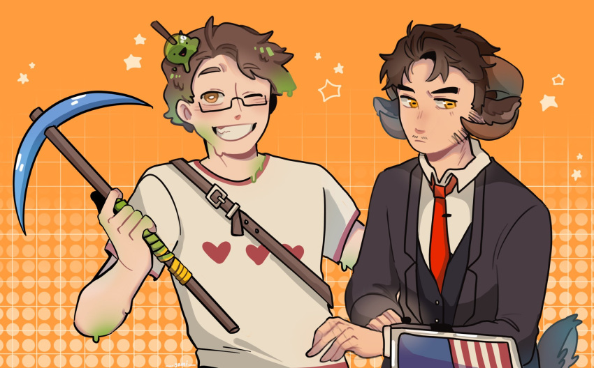 2boys, american_flag, animal_ears, black_jacket, black_pants, blush, bright_pupils, brown_hair, dream_smp, facial_hair, glasses, glatt, gomi_(gomiidd), grin, heart, highres, holding, holding_pickaxe, horizontal_pupils, horns, jacket, jschlatt, male_focus, minecraft, minecraft_pickaxe, minecraft_youtube, monster_boy, multiple_boys, mustache, necktie, one_eye_closed, pants, pickaxe, red_necktie, sheep_boy, sheep_ears, sheep_horns, sheep_tail, shield, shirt, short_hair, short_sleeves, sideburns, slime_boy, slimecicle, smile, star_(symbol), strap, suit, t-shirt, tail, teeth, upper_body, white_pupils, white_shirt, yellow_eyes