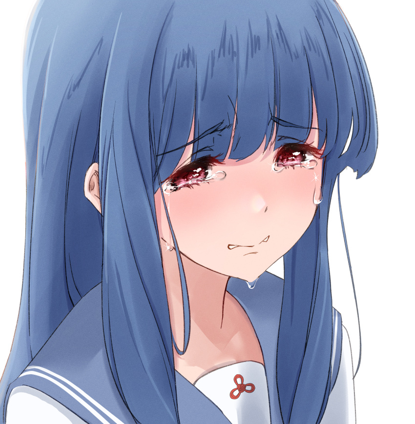 1girl, absurdres, blue_hair, blue_sailor_collar, blush, clenched_teeth, crying, crying_with_eyes_open, furrowed_brow, hakushi_(empty_blanc), half-closed_eyes, highres, kotonoha_aoi, long_hair, looking_down, portrait, red_eyes, sad, sailor_collar, school_uniform, serafuku, shirt, sidelocks, simple_background, solo, tears, teeth, voiceroid, wavy_eyes, white_background, white_shirt