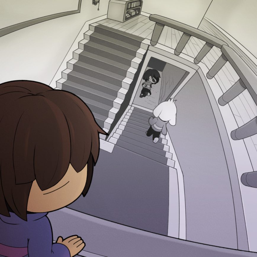 1boy, 2others, =_=, androgynous, animal_ears, asriel_dreemurr, blue_sweater, brown_hair