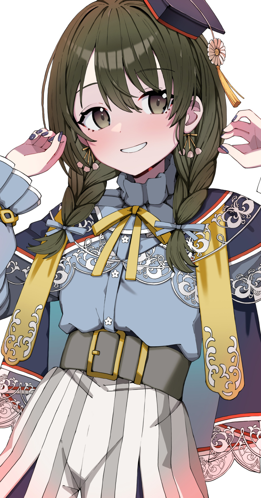 1girl, absurdres, belt, black_belt, blue_nails, blue_ribbon, blue_skirt, blush
