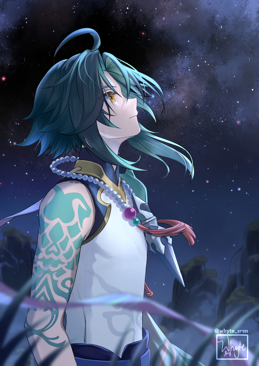 1boy, absurdres, ahoge, arm_tattoo, beads, expressionless, genshin_impact, green_hair, highres, looking_up, male_focus, medium_hair, night, night_sky, shirt, signature, sky, sleeveless, sleeveless_shirt, solo, star_(sky), starry_sky, tattoo, twitter_username, white_shirt, whyte_srsn, xiao_(genshin_impact), yellow_eyes