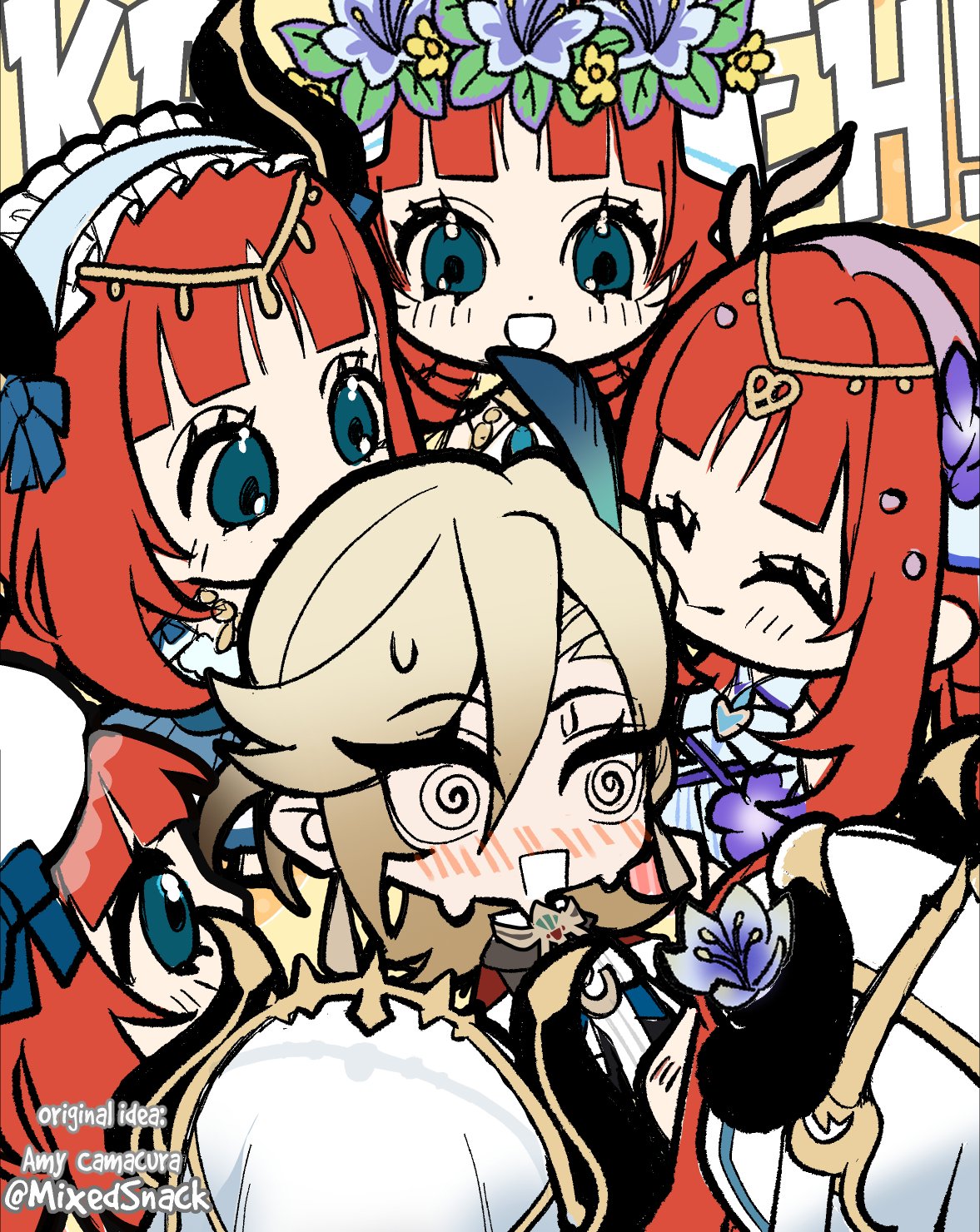 1boy, 6+girls, @_@, alternate_costume, asymmetrical_bangs, blonde_hair, blue_bow, blue_eyes