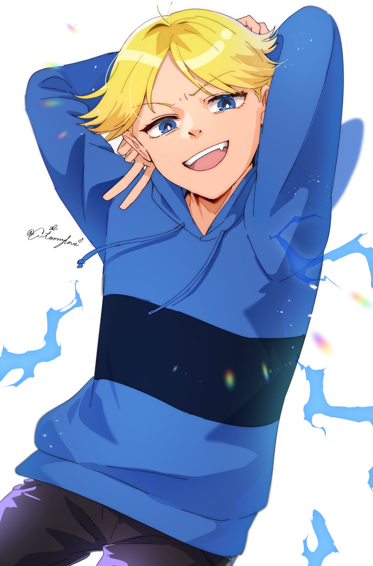 1boy, aged_up, aitommylove, arms_up, black_pants, blonde_hair, blue_eyes, blue_hoodie
