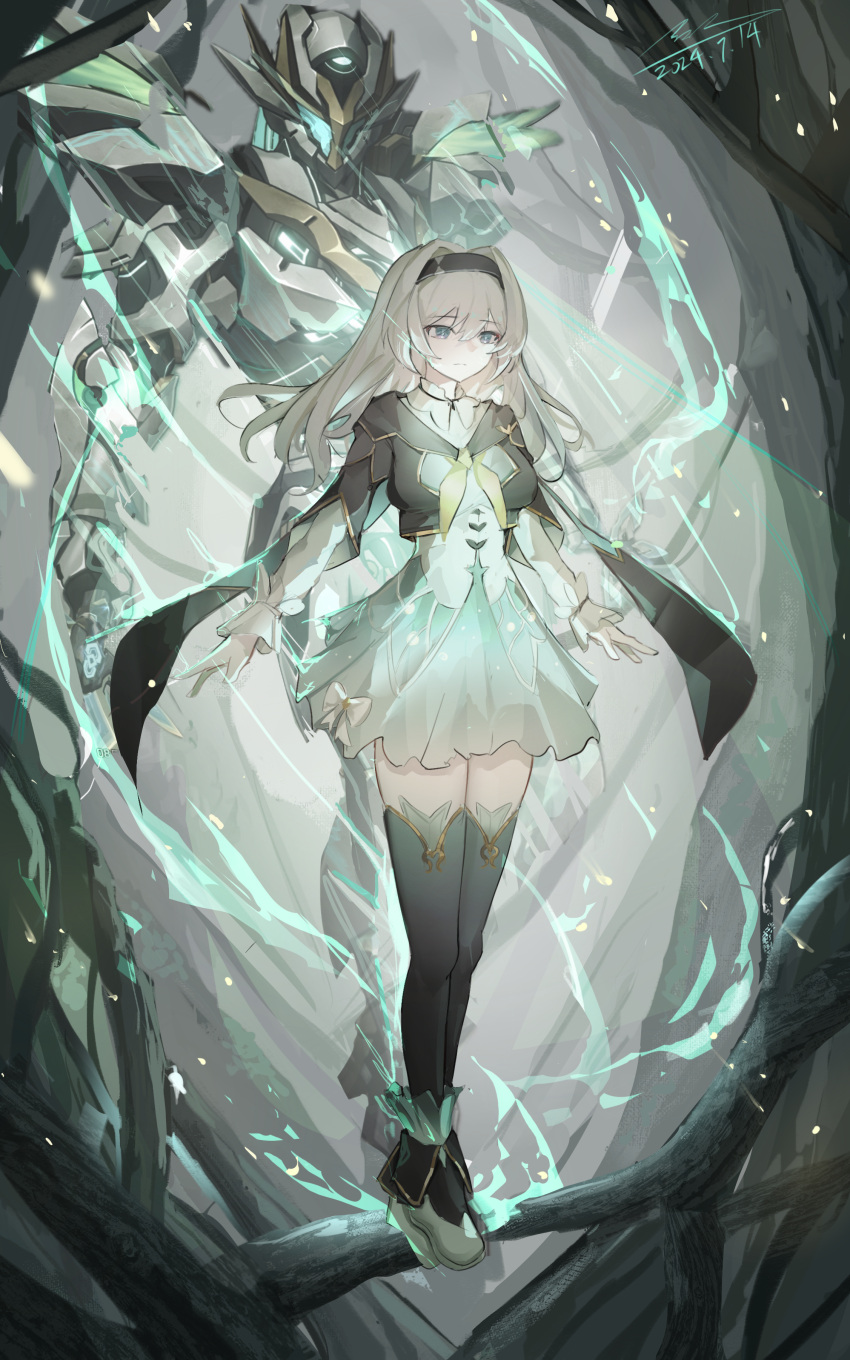 1girl, absurdres, armor, belt, black_hairband, breasts, collared_shirt, cropped_jacket, edison_(mvpg8237), fire, firefly_(honkai:_star_rail), frilled_sleeves, frills, full_body, green_skirt, green_thighhighs, grey_hair, hair_between_eyes, hairband, helmet, highres, honkai:_star_rail, honkai_(series), long_hair, long_sleeves, medium_breasts, neckerchief, orange_neckerchief, power_armor, sam_(honkai:_star_rail), shirt, skirt, standing, thigh-highs, two-tone_eyes, white_armor