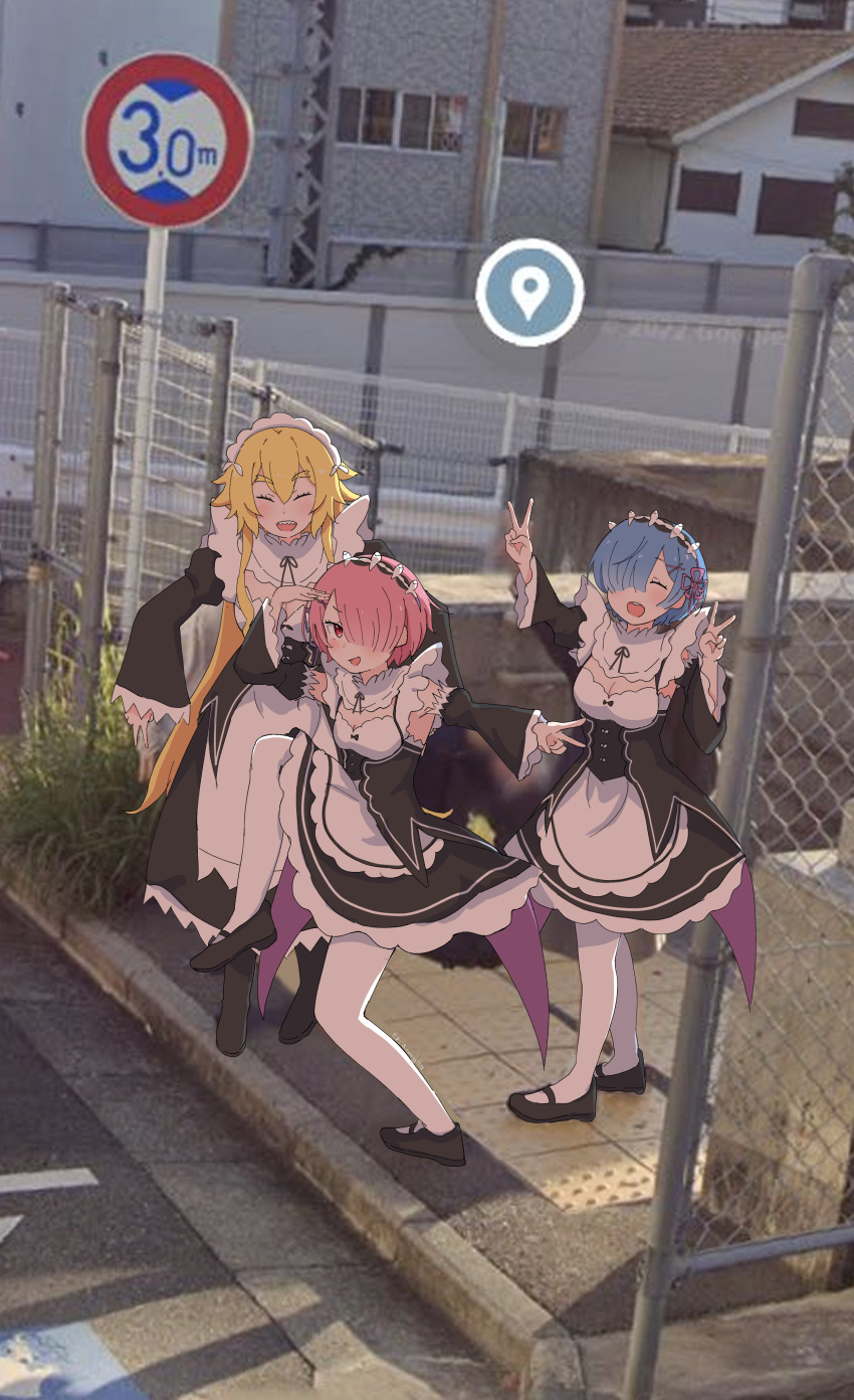 3girls, :d, absurdres, black_footwear, blonde_hair, chain-link_fence, double_v, fence, frederica_baumann, google_street_view, high_school_girls_posing_for_google_street_view_(meme), highres, long_hair, long_sleeves, looking_at_viewer, maid, maid_headdress, meme, multiple_girls, open_mouth, outdoors, pantyhose, photo_background, ram_(re:zero), re:zero_kara_hajimeru_isekai_seikatsu, rem_(re:zero), roswaal_mansion_maid_uniform, sidewalk, smile, sunegg1112, tamago_(uhdr2338), v, white_pantyhose