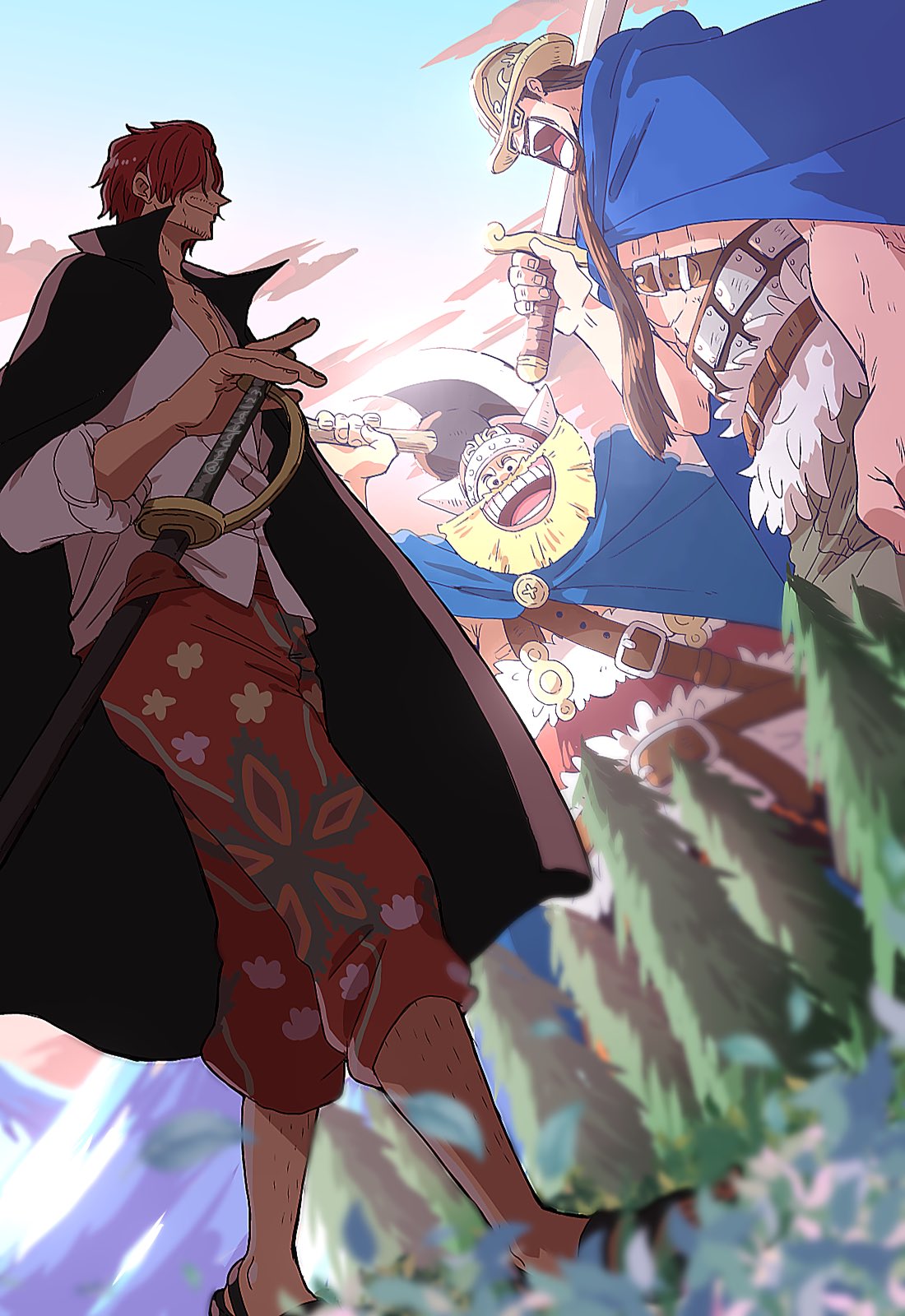3boys, ^_^, beard, beard_stubble, black_cape, blonde_hair, blue_cloak, brogy