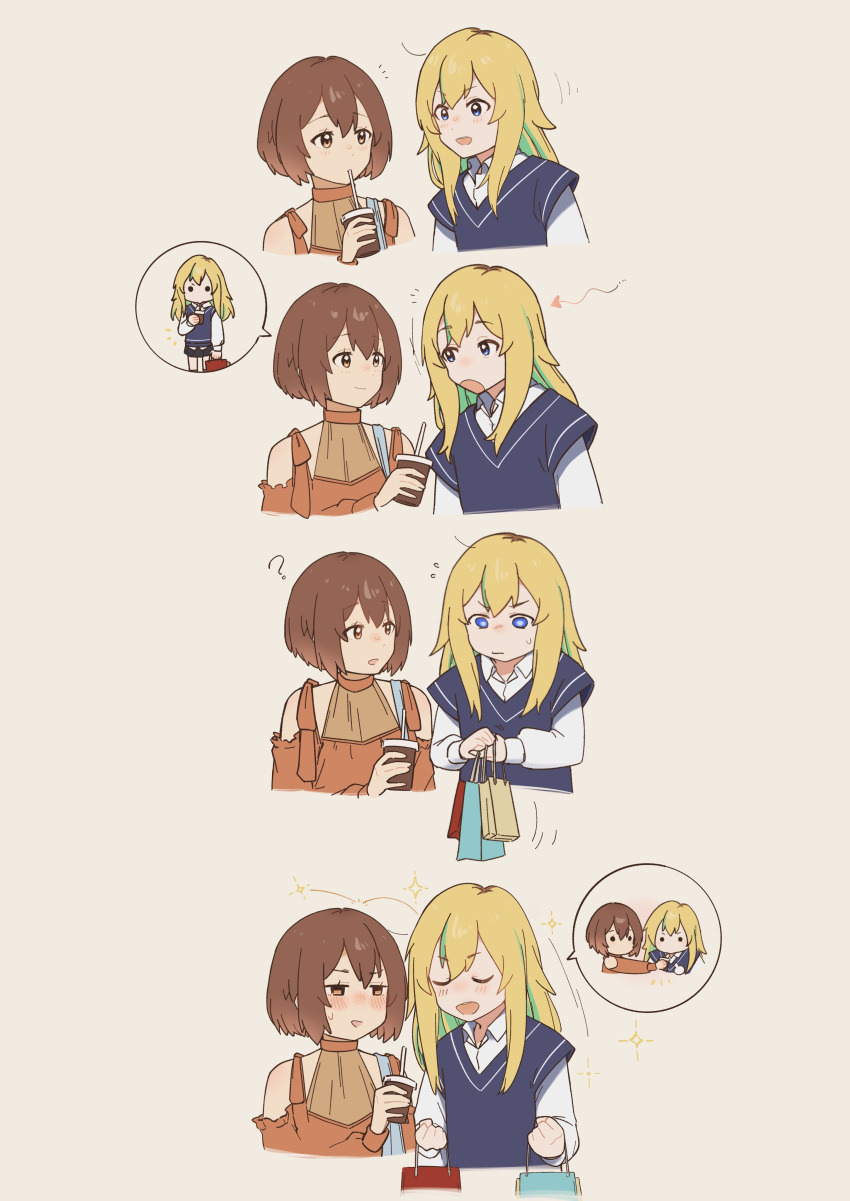 2girls, absurdres, bag, blonde_hair, blue_eyes, blue_sweater_vest, blush, borderless_panels