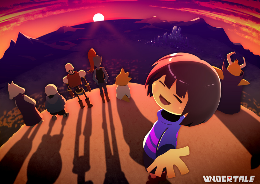 1other, 3boys, 3girls, =_=, alphys, androgynous, asgore_dreemurr, black_tank_top, blonde_hair, blue_jacket, blue_shorts, blue_skin, brown_hair, child, cloak, clouds, colored_skin, copyright_name, facing_viewer, frisk_(undertale), from_above, furry, furry_female, goat_horns, hands_on_own_hips, horns, houten_(dre_a_mer), jacket, lizard_tail, multiple_boys, multiple_girls, no_nose, open_mouth, outstretched_arm, papyrus_(undertale), ponytail, purple_cloak, purple_sweater, red_sky, sans_(undertale), scenery, shadow, short_hair, shorts, sky, smile, standing, sun, sunset, sweater, tail, tank_top, toriel, undertale, undyne, yellow_skin