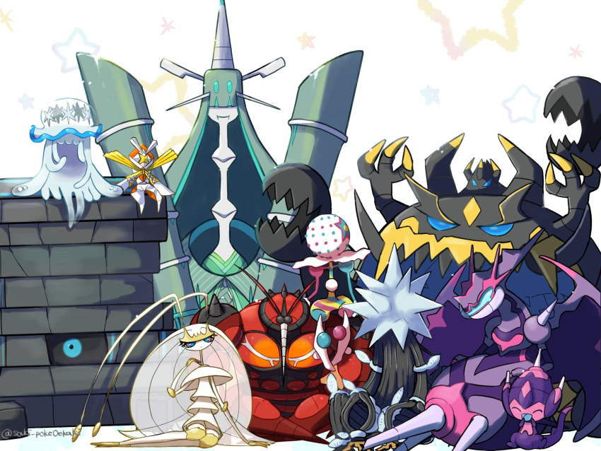 ^_^, absurdly_long_hair, antennae, arthropod_boy, arthropod_girl, bamboo, blacephalon, blue_eyes, blue_polka_dots, blue_pom_poms, blue_pupils, blunt_bangs, brick, brick_wall, bug, buzzwole, cable, celesteela, claws, closed_eyes, closed_mouth, cockroach, colored_sclera, colored_skin, crack, diamond_(shape), diamond_print, dot_mouth, everyone, extra_eyes, guzzlord, hair_ornament, hair_over_eyes, hair_stick, hand_up, highres, horns, jellyfish, joints, kartana, light_smile, long_hair, long_neck, lotus_position, mosquito, muscular, naganadel, neck_ruff, nihilego, no_humans, on_shoulder, open_mouth, origami, pheromosa, pink_polka_dots, poipole, pokemon, pokemon_(creature), pokemon_on_shoulder, pokemon_sm, pokemon_usum, polka_dot, pom_pom_(clothes), proboscis, purple_sclera, purple_skin, riding, riding_pokemon, saki_pokeoekaki, sharp_teeth, shoulder_spikes, single_horn, sitting, smile, spikes, spiky_hair, stakataka, star_(symbol), stinger, teeth, translucent_hair, very_long_hair, white_hair, white_skin, wings, wire, xurkitree