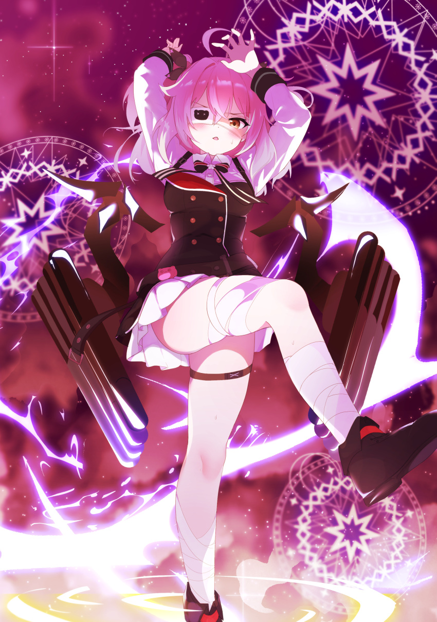 1girl, :o, absurdres, arms_up, azur_lane, bandaged_leg, bandages, blush, breasts, buttons, chuunibyou, collared_shirt, commentary_request, double-breasted, eyepatch, from_below, full_body, hair_between_eyes, highres, leg_up, legs, long_hair, long_sleeves, looking_at_viewer, looking_down, magic_circle, medium_breasts, miniskirt, orange_eyes, pink_hair, pleated_skirt, rigging, shirt, skindentation, skirt, solo, standing, standing_on_one_leg, suwakana, thigh_strap, thighs, torpedo_launcher, upskirt, white_skirt, yellow_eyes, z43_(azur_lane)