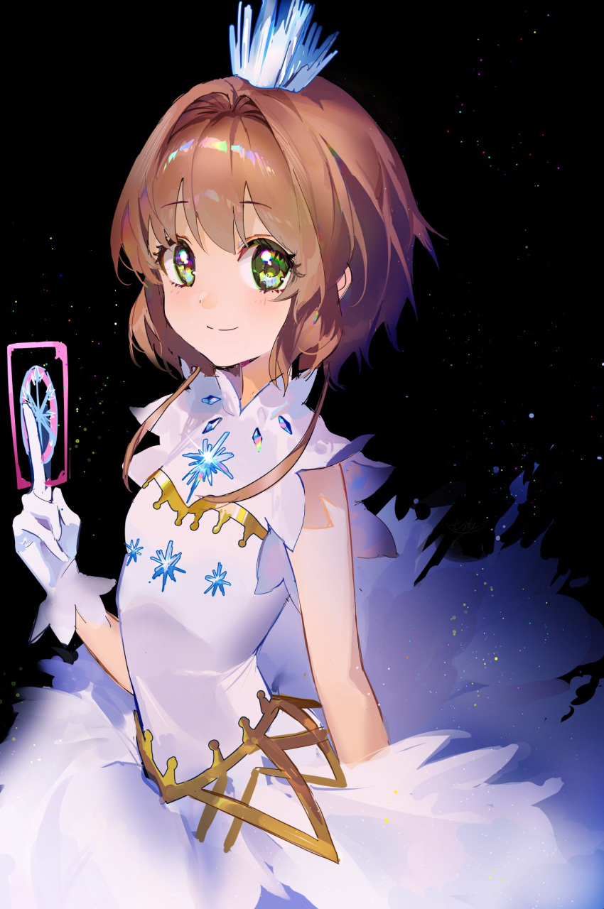 1girl, bad_id, bad_twitter_id, blush, brown_hair, card, cardcaptor_sakura, cardcaptor_sakura_clear_card_arc, crown, dress, flat_chest, gloves, green_eyes, highres, holding, holding_card, kinomoto_sakura, kinomoto_sakura_(crystal_feather_dress), looking_at_viewer, paldu, short_hair_with_long_locks, smile, solo, upper_body, white_dress, white_gloves