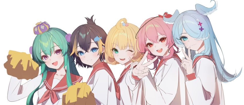 :3, aqua_eyes, beads, black_hair, blonde_hair, blue_eyes, blue_hair, blush