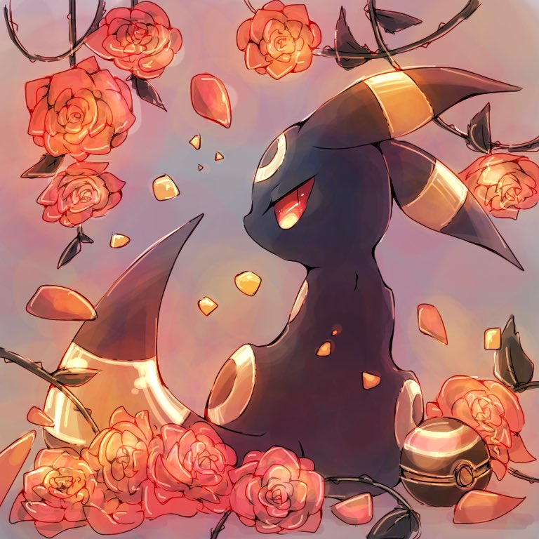 black_fur, colored_sclera, falling_petals, flower, leaf, looking_at_viewer, luxury_ball, mcmcvv, no_humans, petals, poke_ball, pokemon, pokemon_(creature), red_flower, red_petals, red_rose, red_sclera, rose, rose_petals, sitting, slit_pupils, solo, thorns, two-tone_fur, umbreon, yellow_fur