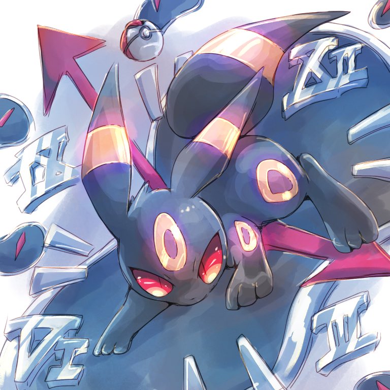 black_fur, colored_sclera, looking_at_viewer, markings, mcmcvv, no_humans, poke_ball, pokemon, pokemon_(creature), red_sclera, roman_numeral, slit_pupils, solo, timer_ball, two-tone_fur, umbreon, yellow_fur
