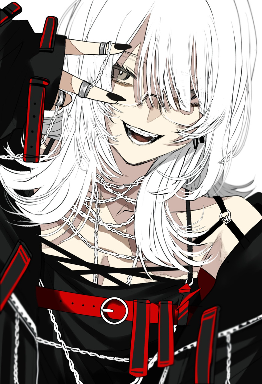 1girl, belt, black_jacket, black_shirt, braces, chain, collarbone, commentary, glasses, grey_eyes, hair_over_one_eye, hashtag-only_commentary, highres, hoshi_san_3, jacket, jewelry, linked_rings, long_hair, multiple_rings, off_shoulder, open_mouth, original, red_belt, ring, shirt, sleeves_past_wrists, solo, upper_body, white_hair