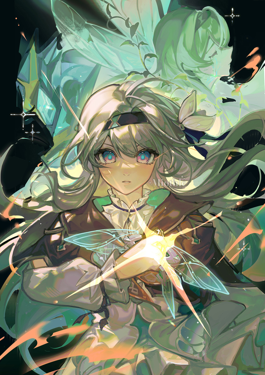 1girl, armor, black_hairband, breasts, collared_shirt, cropped_jacket, crying, fire