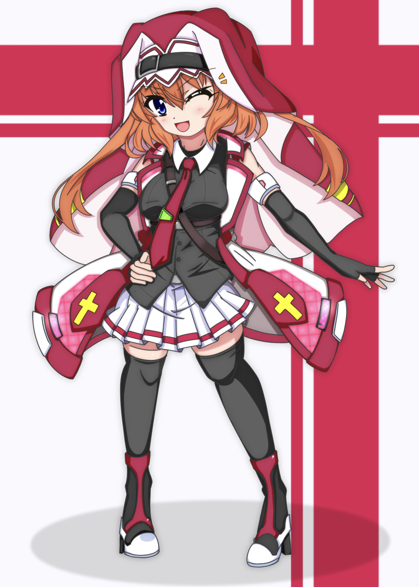 1girl, absurdres, alternate_color, alternate_costume, between_breasts, black_gloves, black_shirt, black_thighhighs