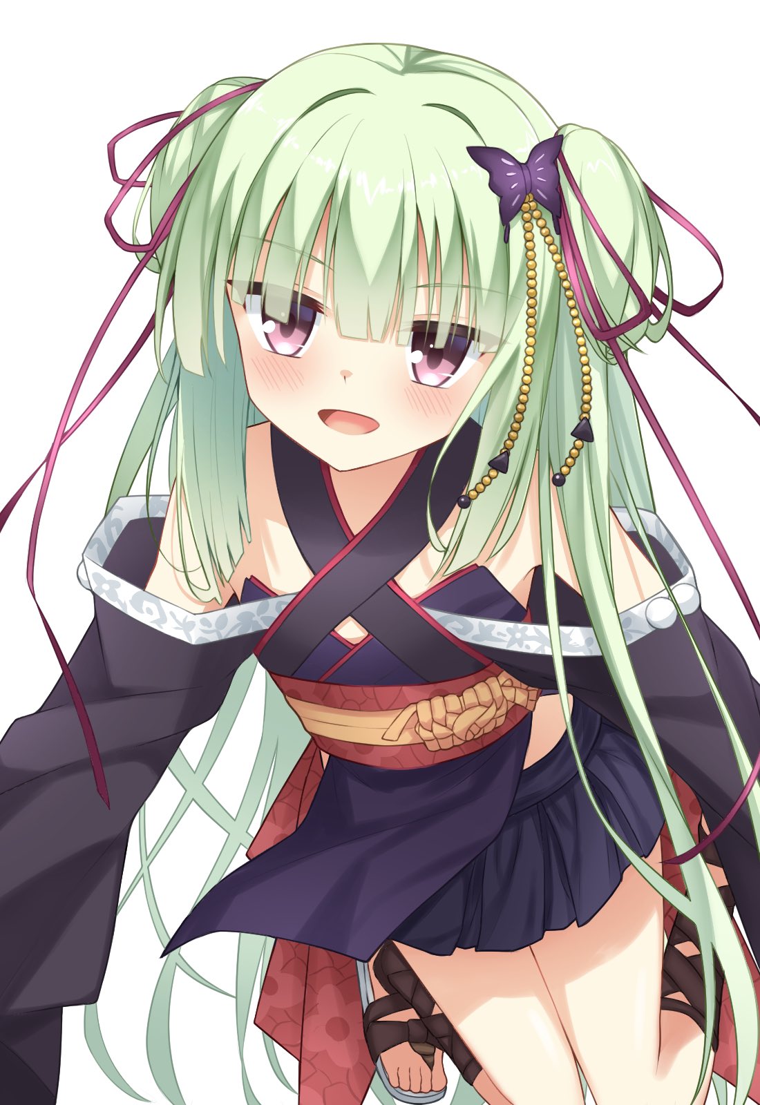 1girl, :d, bare_shoulders, black_kimono, blunt_bangs, blunt_ends, blush, butterfly_hair_ornament