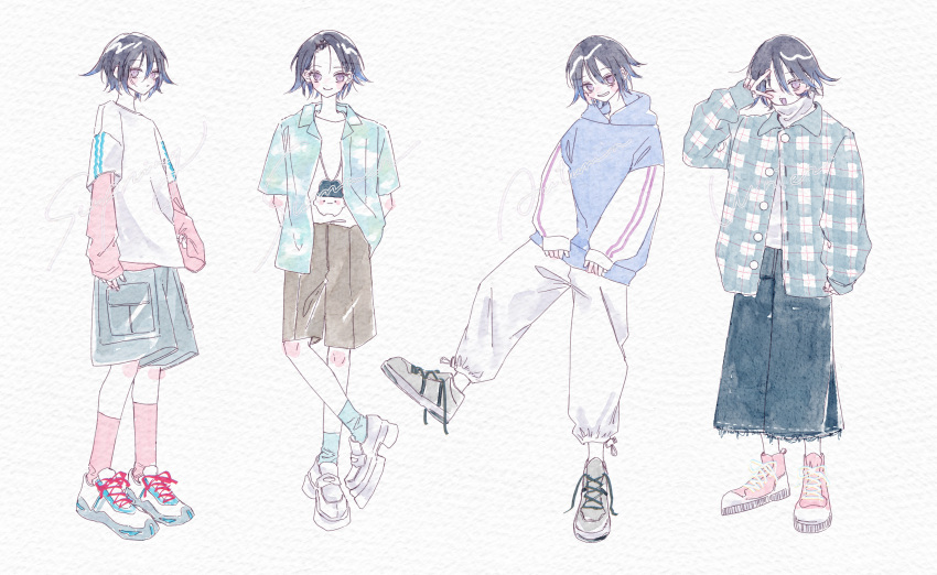 1boy, :d, ;d, absurdres, alternate_costume, alternate_hairstyle, black_hair, black_pants