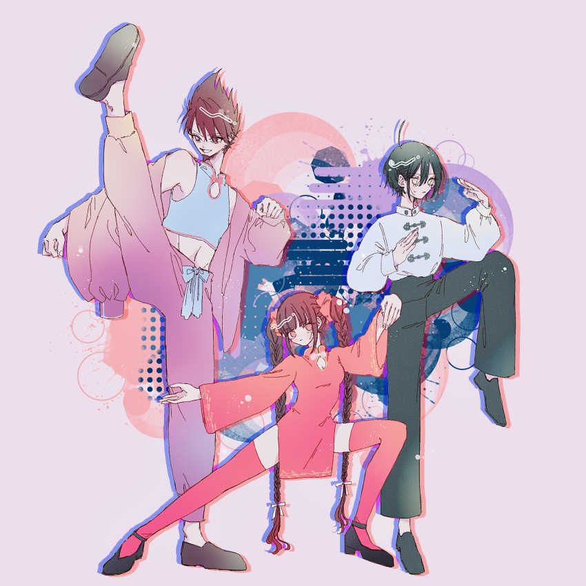 1girl, 2boys, ahoge, alternate_costume, alternate_hairstyle, black_footwear, black_hair, black_pants