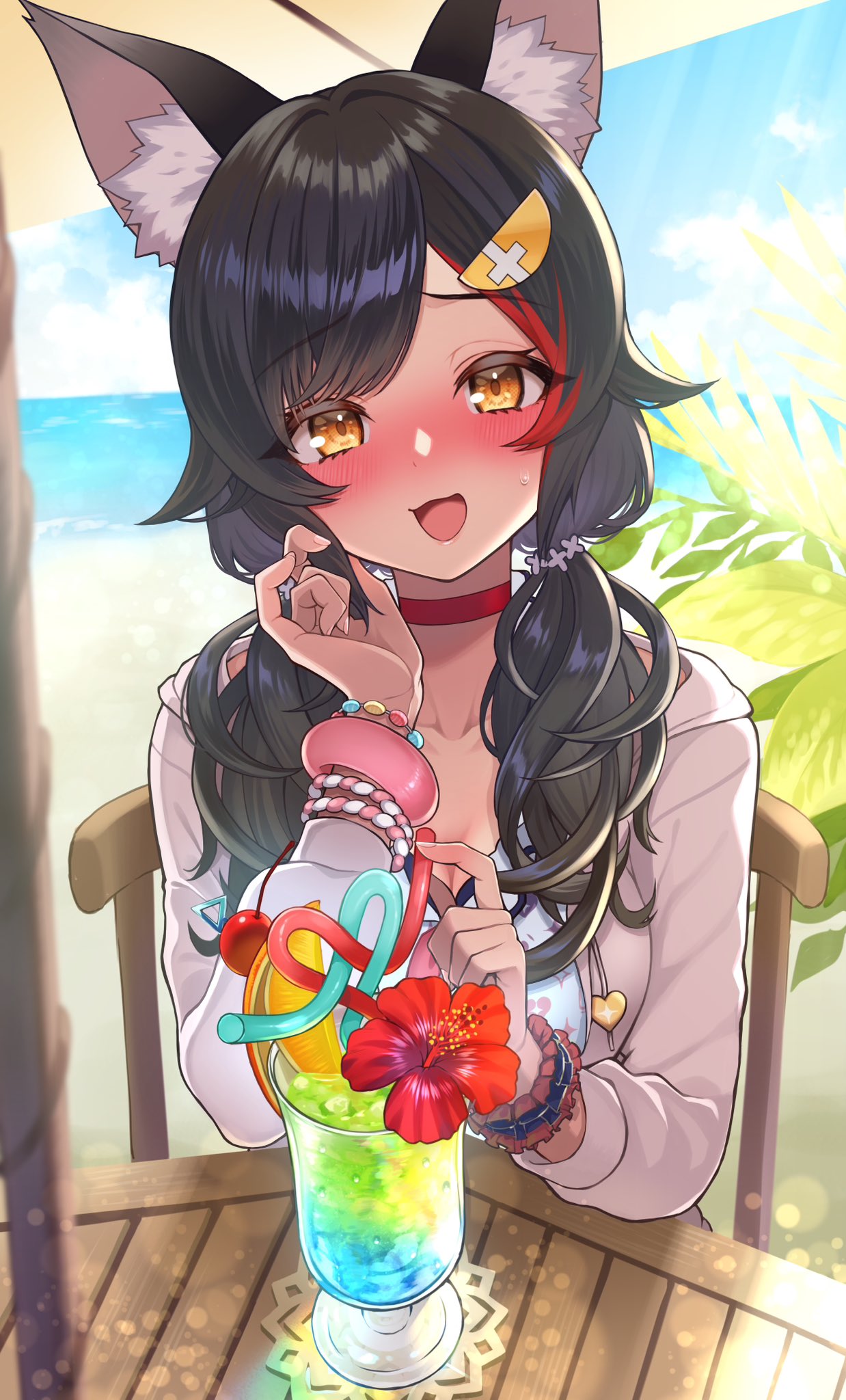 1girl, :d, @-you_(you_2023_8_16), animal_ear_fluff, animal_ears, beach, beach_umbrella, bikini, black_hair, blush, choker, cocktail, collar, commentary_request, day, drinking_straw, flipped_hair, flower, frilled_bikini, frills, grey_jacket, hair_flower, hair_ornament, hairclip, hand_up, highres, holding, holding_drinking_straw, holding_straw, hololive, hololive_summer_2023_swimsuit, jacket, looking_at_viewer, low_twintails, multicolored_hair, ocean, official_alternate_costume, official_alternate_hairstyle, ookami_mio, open_clothes, open_jacket, outdoors, pov, print_bikini, red_choker, redhead, scrunchie, sitting, smile, solo, streaked_hair, swept_bangs, swimsuit, table, tree, twintails, umbrella, upper_body, virtual_youtuber, wavy_hair, white_bikini, wolf_ears, wolf_girl, wooden_chair, wooden_table, wrist_scrunchie, wristband, yellow_eyes
