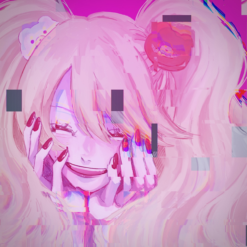 1girl, :d, bear_hair_ornament, blonde_hair, c_(srhtguy), danganronpa:_trigger_happy_havoc, danganronpa_(series), enoshima_junko