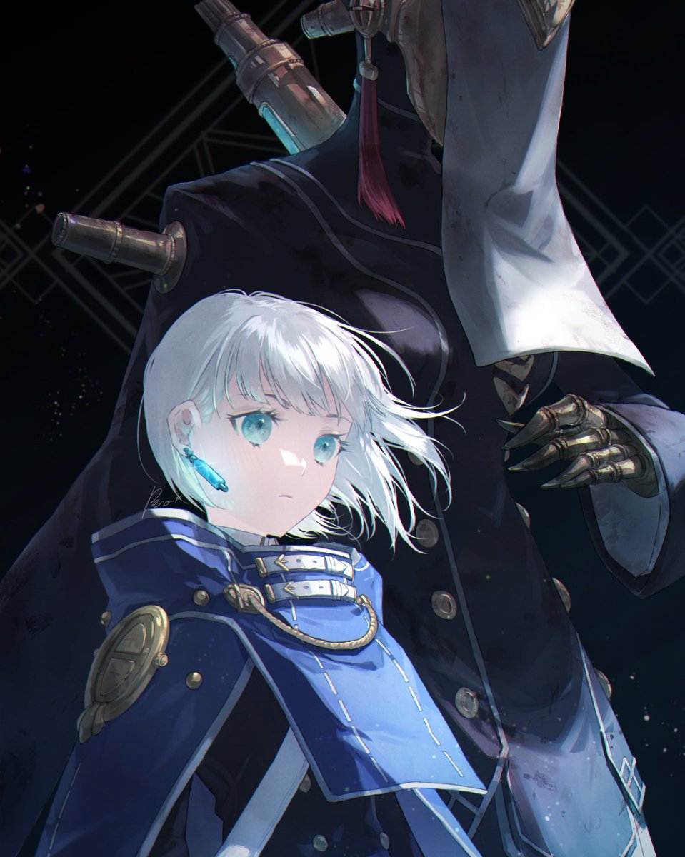 2girls, android, blue_cloak, blue_eyes, cloak, coat, commentary_request, earrings, ender_magnolia_bloom_in_the_mist, expressionless, highres, jewelry, lilac_(ender_magnolia), looking_to_the_side, multiple_girls, nora_(ender_magnolia), peco_(ppeco0), short_hair, single_earring, tassel, upper_body, white_hair