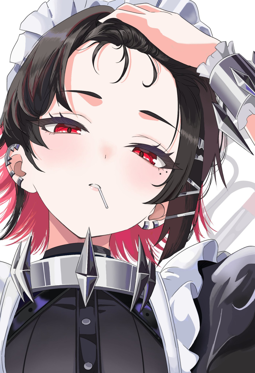 1girl, black_dress, black_hair, candy, colored_inner_hair, commentary, dress, ear_piercing, earclip, ellen_joe, food, food_in_mouth, hair_pulled_back, hand_on_own_head, highres, hira30917, lollipop, looking_at_viewer, maid_headdress, mole, mole_under_eye, multicolored_hair, parted_lips, piercing, portrait, pulling_own_hair, red_eyes, redhead, short_hair, simple_background, solo, white_background, wrist_cuffs, zenless_zone_zero