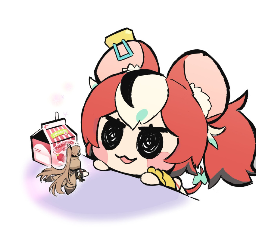2girls, animal_ears, blush_stickers, bow, brown_hair, chibi, feather_hair_ornament, feathers