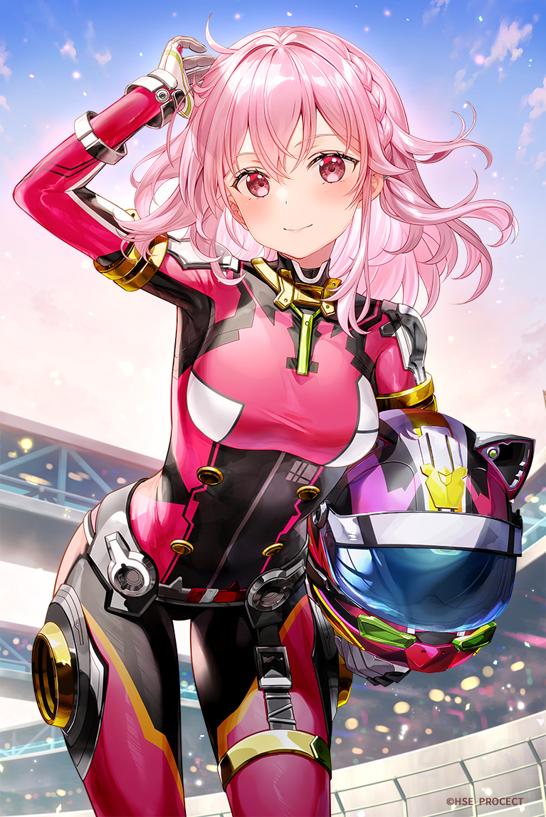 1girl, arm_up, black_bodysuit, blue_sky, bodysuit, breasts, carrying, carrying_under_arm, closed_mouth, clouds, commentary_request, day, fujima_takuya, hair_between_eyes, helmet, highspeed_etoile, leaning_forward, looking_at_viewer, medium_breasts, motorcycle_helmet, official_art, outdoors, pink_bodysuit, pink_hair, red_eyes, rindo_rin, sky, smile, solo, standing, unworn_headwear, unworn_helmet