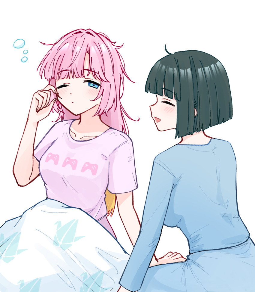2girls, absurdres, anyoji_hime, blonde_hair, blue_eyes, blue_shirt, blush, closed_eyes